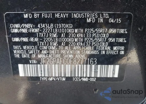 2015 Subaru Xv Crosstrek 2.0 Premium from USA, damaged, VIN JF2GPAFC0F8277163